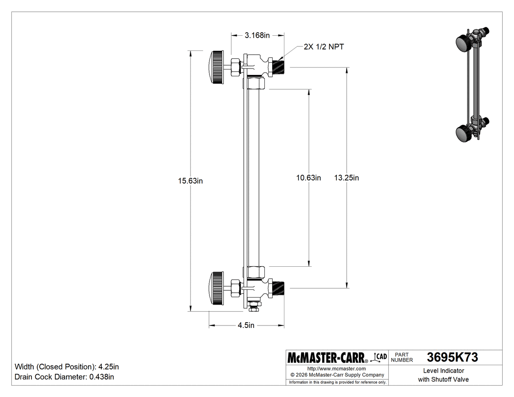 Technical Drawing of Liquid-Level Indicator with Shutoff Valve, Bronze, 1/2 NPT Male, Needle Stem.